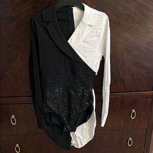 Weissman Black and White Sequin Bodysuit with Rhinestone Tie